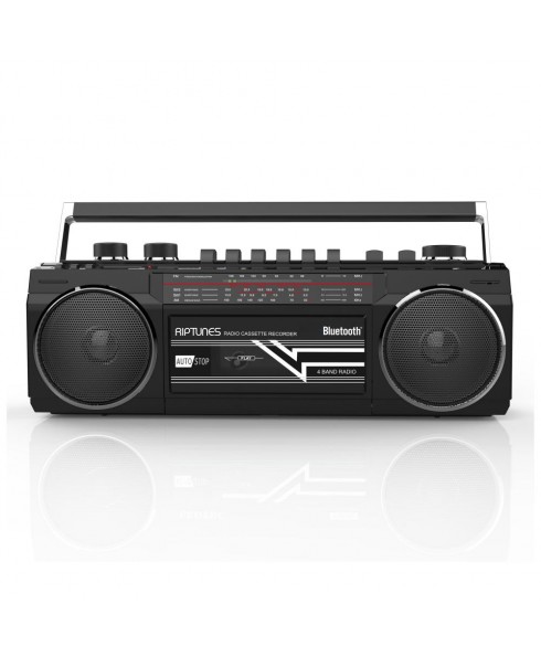 Riptunes Retro AM/FM/SW Radio + Cassette Boombox with Bluetooth and USB/SDHC Playback, Black