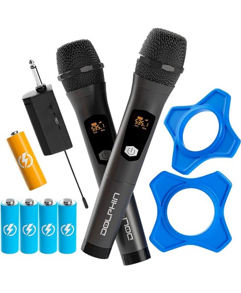 Dolphin Audio Dolphin Wireless Microphone System, Cordless Dual Handheld Dynamic Mic Set with Rechargeable Receiver (MCX20) - Set of 2