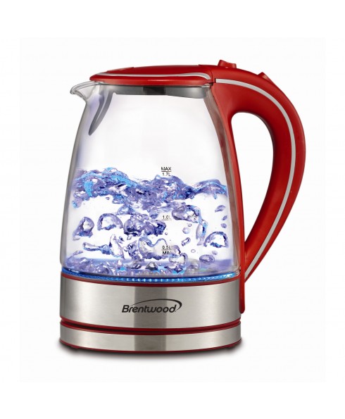 BRENTWOOD 1.7L TEMPERED GLASS KETTLE RED