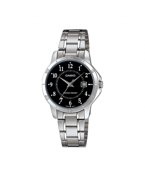 Casio Ladies 3-Hand Analog Water Resistant Watch with Date, Black Face and Stainless Steel Band