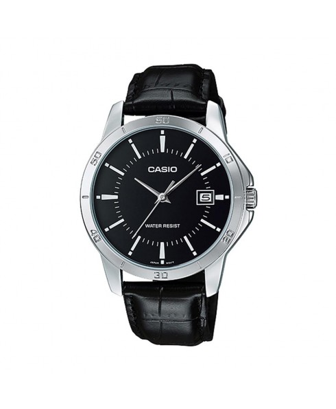 Casio Mens 3-Hand Analog Water Resistant Watch with Date, Black Face and Black Leather Band