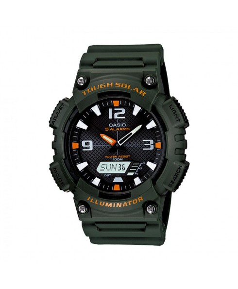 Casio 100M Water Resistant Self-Charging Solar Digital Analog Watch Green Resin Band with Black/Orange Face