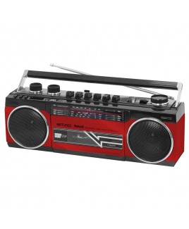 Riptunes Retro AM/FM/SW Radio + Cassette Boombox with Bluetooth and USB/SDHC Playback, Red