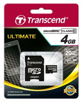 Transcend microSDHC (High Capacity) 4GB Class10 Ultra Speed 133x with SD Adapter - Full HD recording capability
