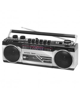Riptunes Retro AM/FM/SW Radio + Cassette Boombox with Bluetooth and USB/SDHC Playback, Silver
