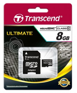 Transcend microSDHC (High Capacity) 8GB Class10 Ultra Speed 133x with SD Adapter - Full HD recording capability